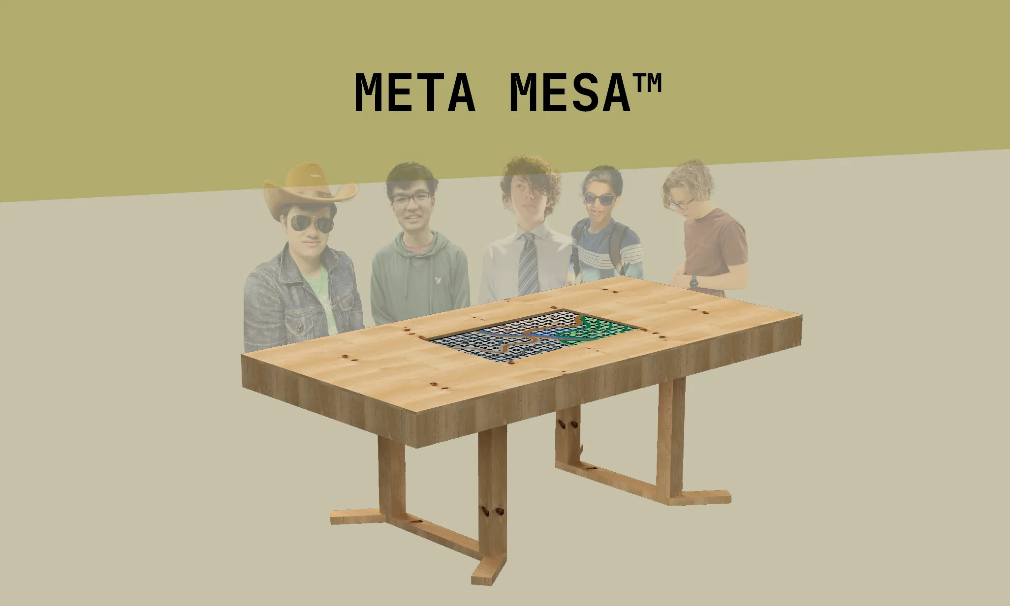 A table is centered and has a TV inside facing up displaying a D&D map. There are ghostly images of people comically scattered around the table as if playing a game of Dungeons & Dragons.
